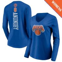 Women's OG Anunoby # 8 New York Knicks Playmaker Player Long Sleeve V-Neck Blue T-Shirt