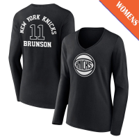 Women's Jalen Brunson # 11 New York Knicks Player Monochrome Long Sleeve V-Neck Black T-Shirt