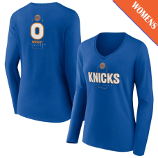 Women's Delon Wright # 0 New York Knicks Player Midfielder Long Sleeve V-Neck Blue T-Shirt