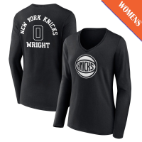 Women's Delon Wright # 0 New York Knicks Player Monochrome Long Sleeve V-Neck Black T-Shirt