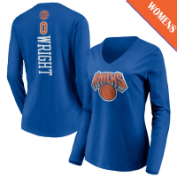 Women's Delon Wright # 0 New York Knicks Playmaker Player Long Sleeve V-Neck Blue T-Shirt